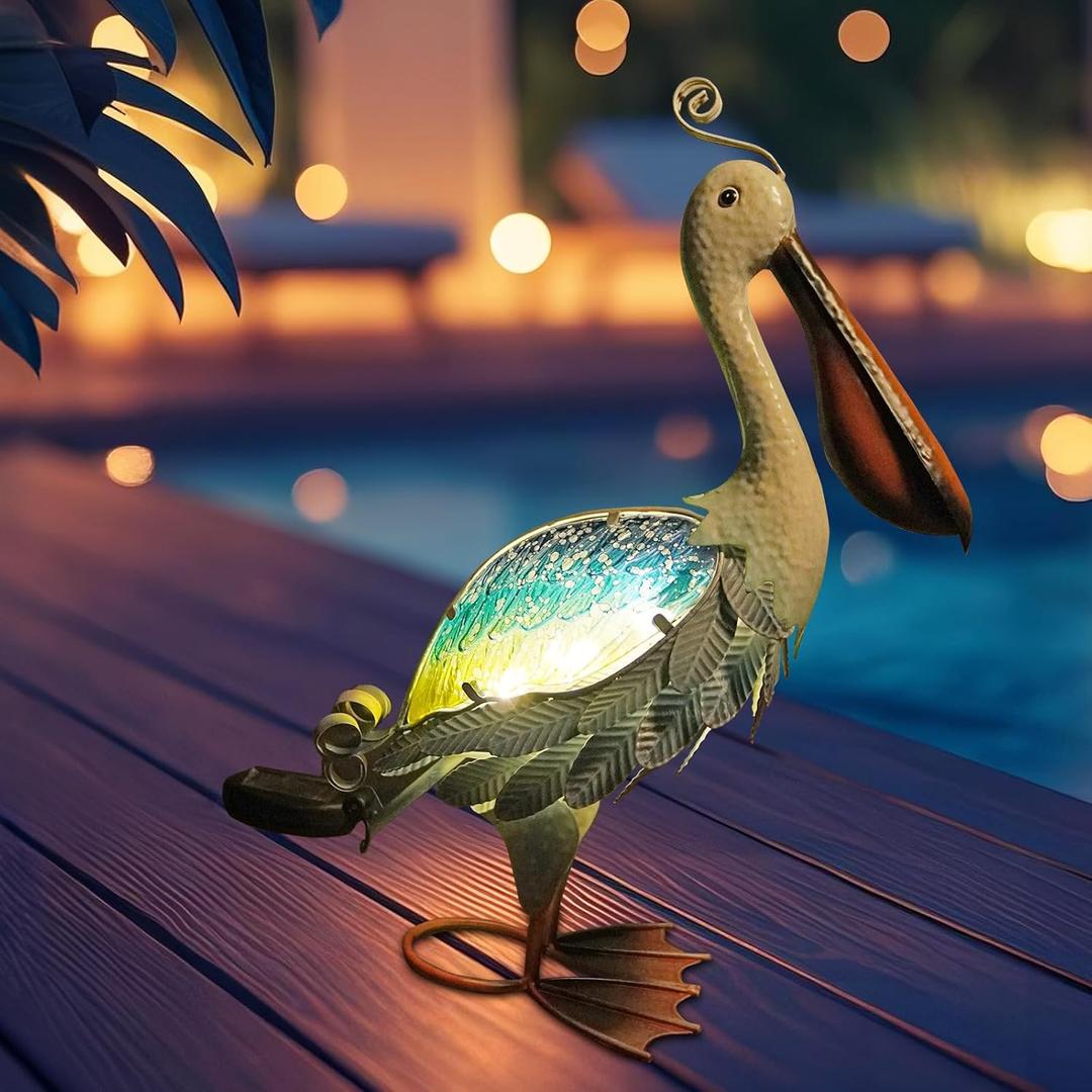 HONGLAND Solar Metal Pelican Statues Garden Sculpture & Statues, 19 Inch Glass Outdoor Pelican Yard Art Coastal Ocean Bird Decor Lawn Ornament for Backyard Porch Patio Decor, Blue-Green