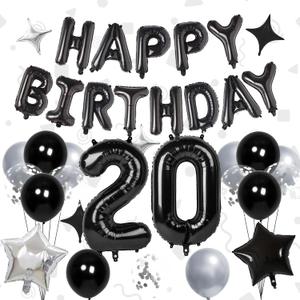 32 Inch 20 Balloon Number, Happy Birthday Balloons Banner 16 Inch Foil Letters Balloon Silver and Black Star Balloons for 20th Birthday Decorations for Boys Black Party Decorations