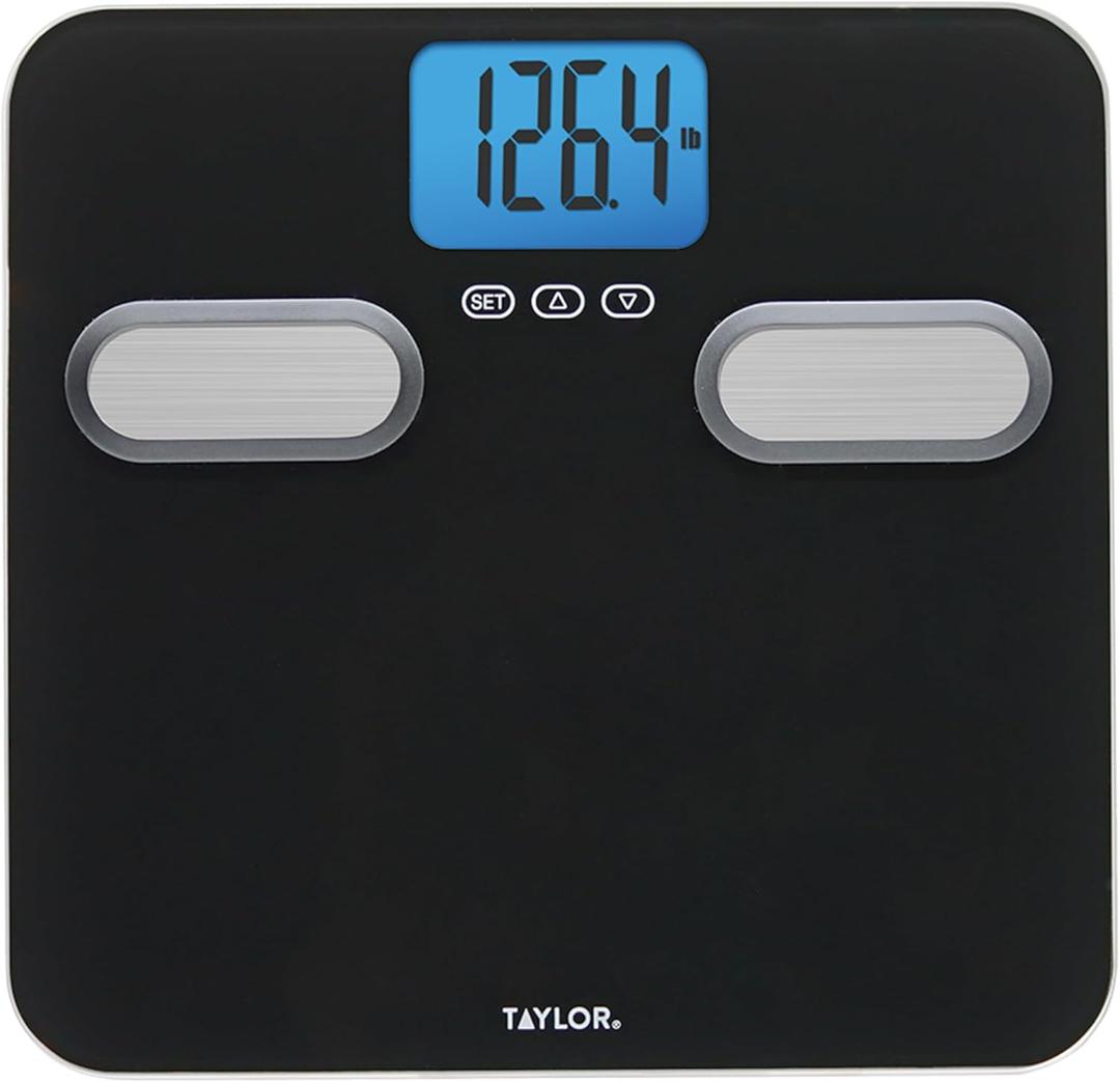 Taylor Men's Body Composition Bathroom Scale for Body Weight - 400 lb Capacity, Blue Backlight Display, 10-User Profiles, Body Composition Analysis, Fits Up to Size 12 Shoe, Black