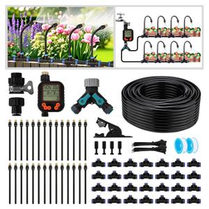 Drip Irrigation Kit - 100 FT. Hose Sprinkler System with 360 nozzles and T-connectors for Gardens, lawns, Plants, Flower beds, Trees, patios and hydroponics (Closeable nozzle-28)