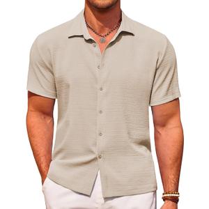 COOFANDY Men's Casual Short Sleeve Button Down Shirt Textured Summer Beach Shirt (Beige, XXL)