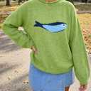 Tankaneo Womens Fish Graphic Oversized Sweaters Roll Neck Knit Pullover (Green, XL)
