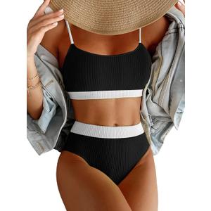 Lilosy High Waisted Tummy Control Ribbed Bikini Crop Top Brazilian Swimsuit Set 2 Piece, Small