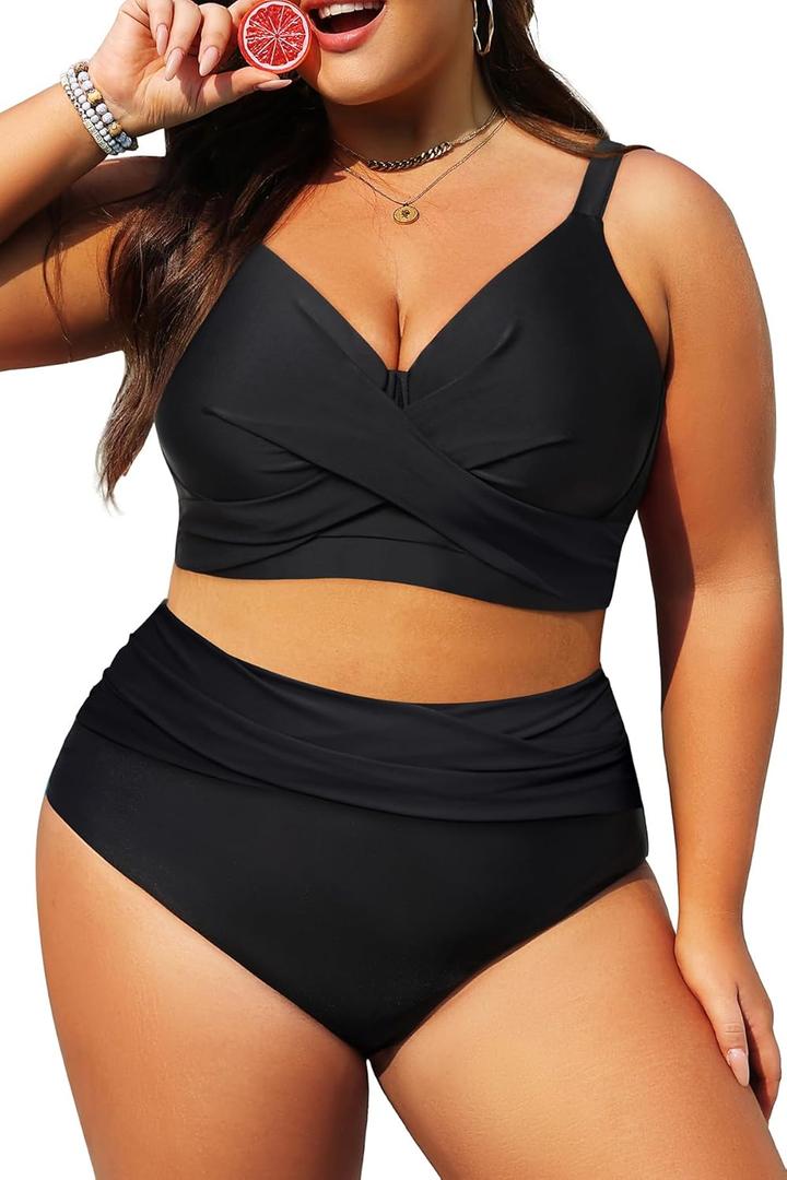 Women's Plus Size High Waisted Bikini - Two Piece Swimsuit Tummy Control Bathing Suit 2025 Twist Swimwear (Black)