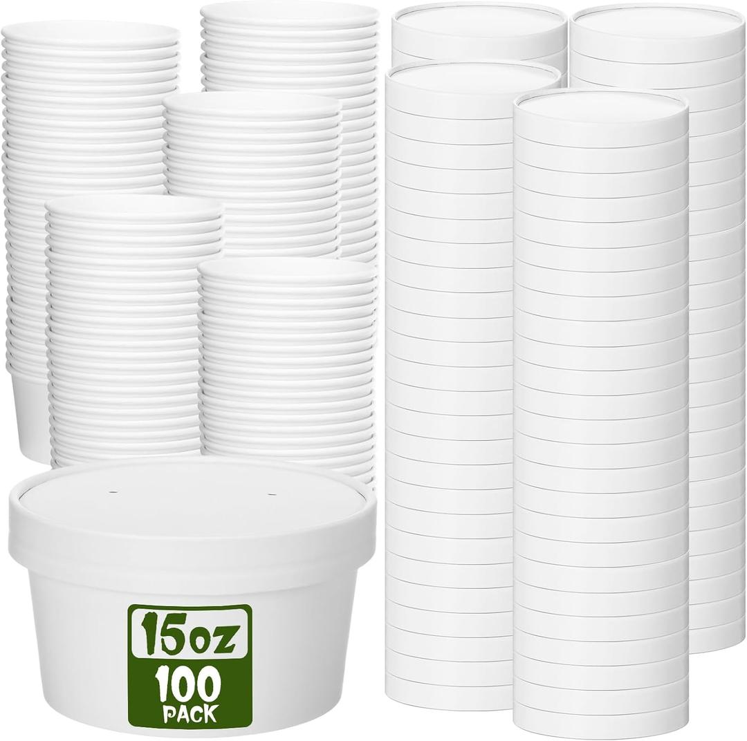 Fulmoon 15 oz 100 Pack Paper Containers with Lids Soup Bowl Cup, White