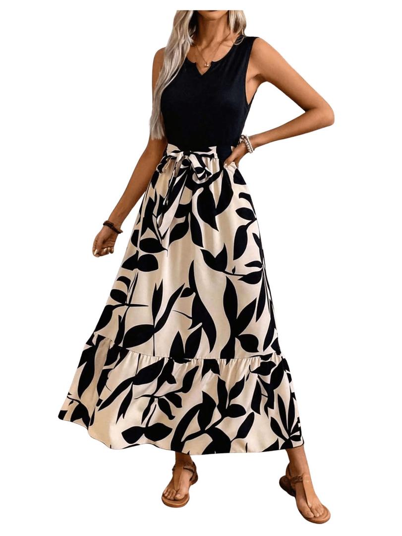 GORGLITTER Women's Open Back Flowy Maxi Dress Bow Tie Sleeveless Loose Swing Long Dresses Summer Beach Party Sundress M