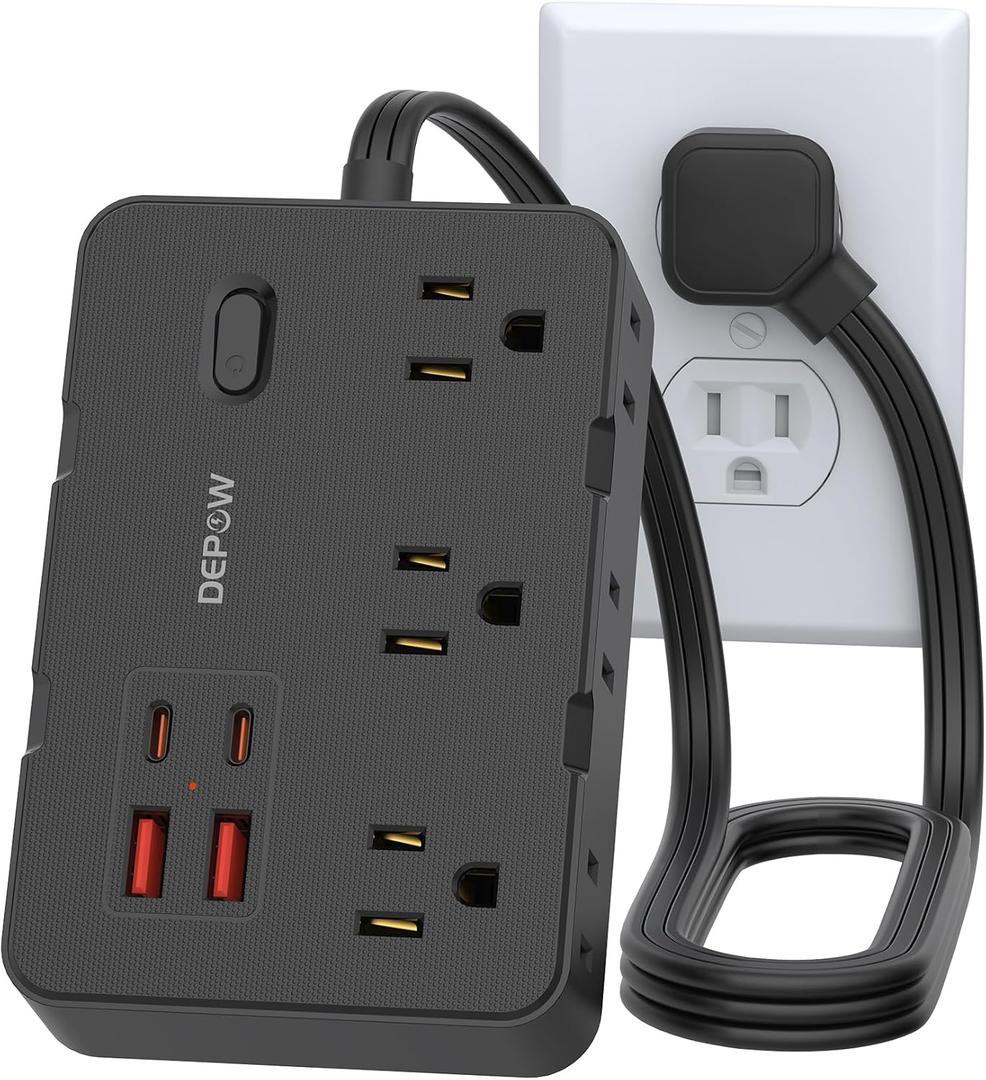 DEPOW Surge Protector Power Strip, 3 FT Extension Cord with 6 AC Outlets 4 USB Ports,1050J Surge Protection, Wall Mountable Charging Station for Office, Home, Black