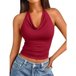 Trendy Queen Womens Summer Halter Tops Going Out Crop Top 2025 Fashion Cowl Neck Shirts Backless Sexy Cute Y2K Clothes (Medium, Red)