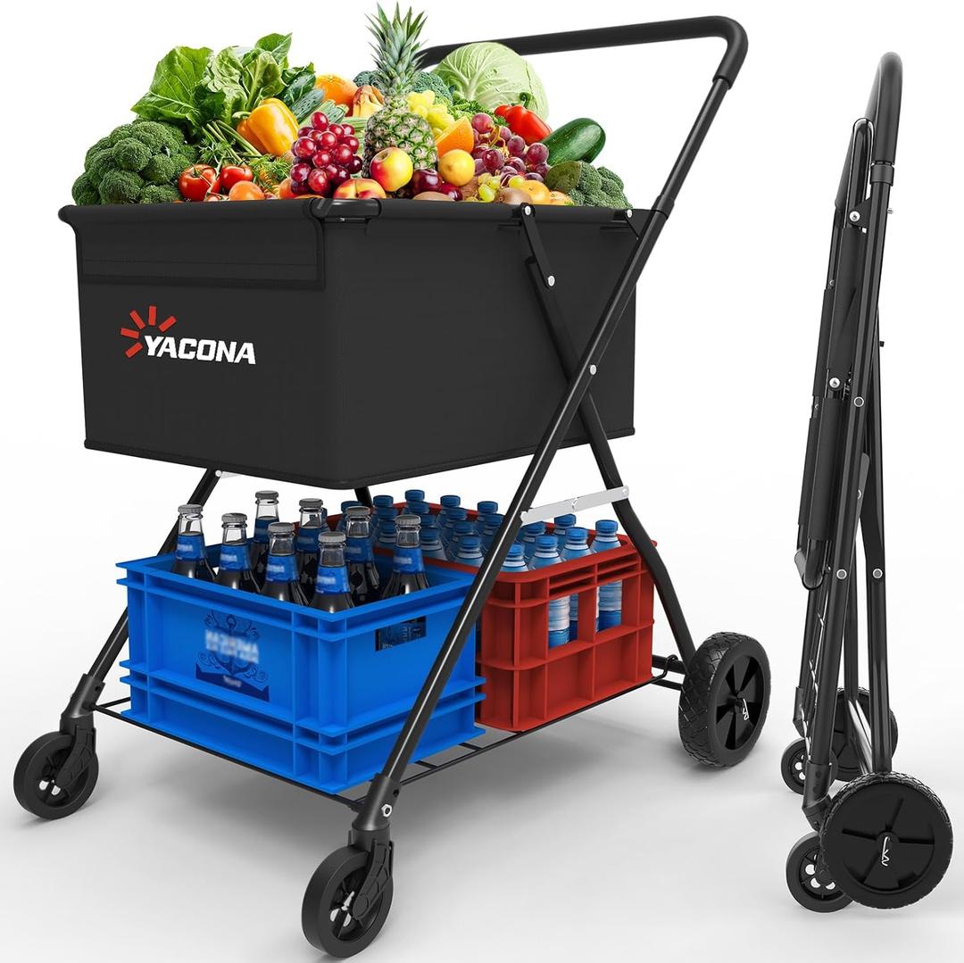 Heavy-Duty 2-Tier Folding Shopping Cart with Wheels - Double-Layer Waterproof Grocery & Utility Wagon, Portable Design for Laundry, Storage and Transport, 150LB Capacity (X-Large)