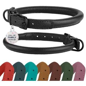 Rolled Leather Dog Collar Soft Round Collars, ID Tag for Small Medium Large Dogs (14-17 inch, Black Midnight & Black Buckle)