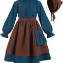 FCCAM Colonial Dress Girls Round Neck Pioneer Costumes with Purse Blue Little House On The Prairie Dress (Medium, Navy)