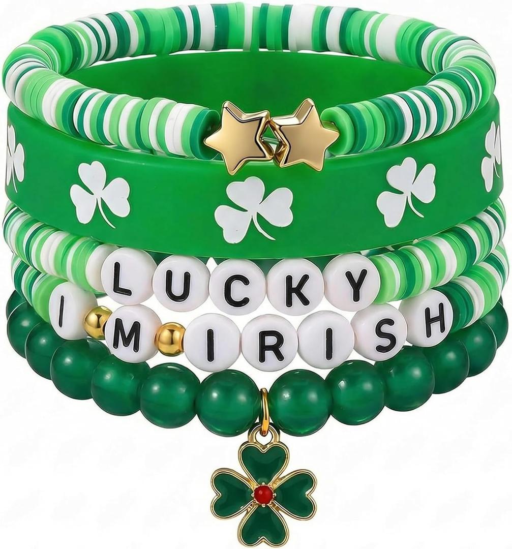 2 x St. Patrick's Day Bracelets with 4 Leaf Clover Irish Festivities Accessories Nature Stone Bracelet Trendy Gift for Adults Women
