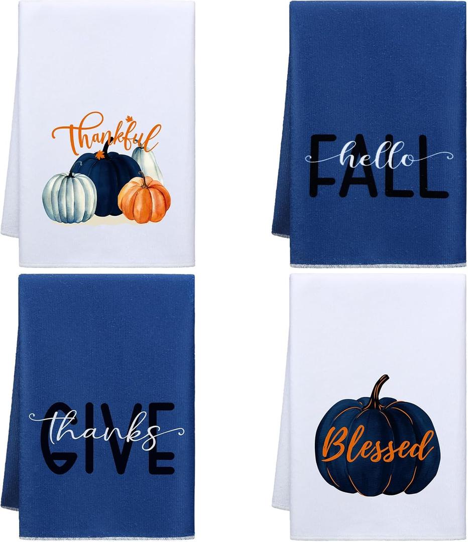Peryiter 4 Pcs Blue Pumpkin Kitchen Towels Fall Thanksgiving Decorative Dish Hand Towels Set 16 x 24 Inch for Autumn Bathroom Kitchen Farmhouse Decor