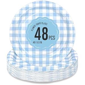 2 x Polinook 48 Pcs Gingham Party Supplies Blue Paper Plates - 9 Inches Disposable Plaid Decorative Dinner Dessert Serving Plates - For Baby Shower Wedding Birthday Party