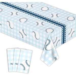 3 x 3pcs Baseball Tablecloths Blue Checkered Gingham Birthday Party Disposable Plastic Table Cloths Rectangle Waterproof for Baseball Sports Party Decorations 54"x108" (Blue Baseball, 54" x 108")
