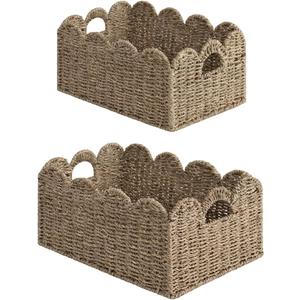 StorageWorks Scalloped Edge Wicker Basket, Hand-woven Rattan Baskets with Built-in Handles, Seagrass Basket for Organizing and Decor, 2 Pack (15" L x 11" W x 7" H, Natural(Seagrass))