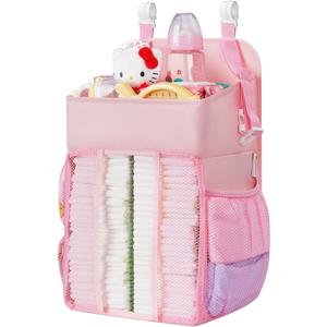 Maliton Hanging Diaper Caddy Nursery Caddy Organizer for Playard, Wall or Crib, Diaper Stacker with Baby Essentials Storage (Pink)