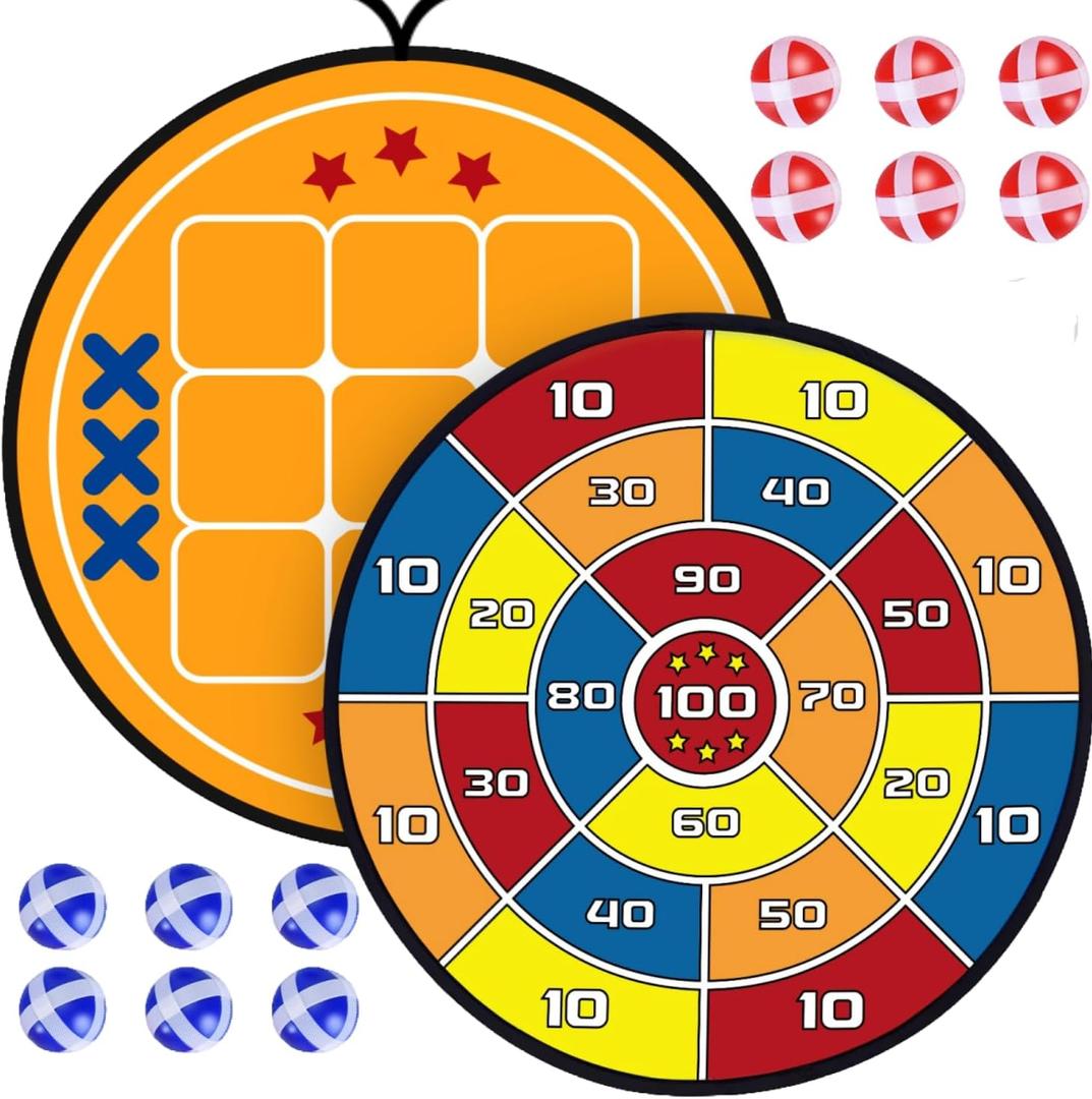 Dual Kids Games & Dart Board Set, Motor Skills & Coordination Development, 29-inch Large Sticky Tic Tac Toe for Indoor & Outdoor Games, Fun Boy Toy, Birthday Gifts for Kid Boys Girls