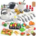 105Pcs Kids Kitchen Toy Accessories, Toddler Pretend BBQ Camping Cooking Playset, Play Pots, Pans, Utensils Cookware Toys, Play Food Set, Vegetables, Learning Gift for Girls Boys (White)