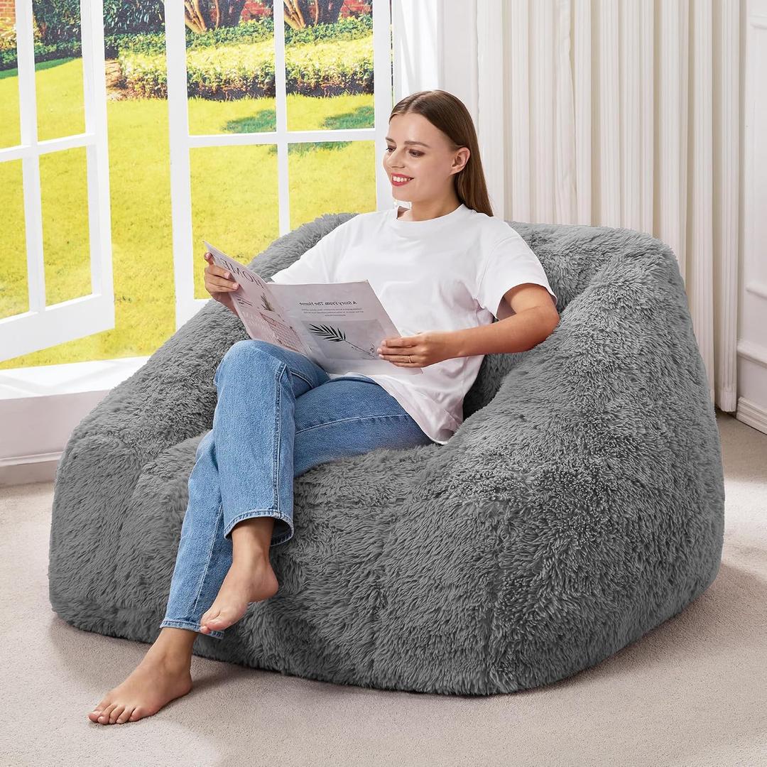 Hobestluk Giant Bean Bag Chair Memory Foam Filled Sofa Chair Bean Bag for Adults/Teens/Kids, Plush Fur Oversized Lazy Sofa for Living Room Bedroom Dorm(Light Grey), 30 inches x 37 inches x 46 inches