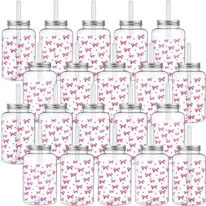 Yetene 20 Pack Pink Bow Cups with Lids and Straws 16 oz Pink Christmas Plastic Bow Tumbler Clear Cups Bulk Drinking Disposable Mugs for Coffee Tea Beverage Jars Girl Party Birthday Wedding Supplies