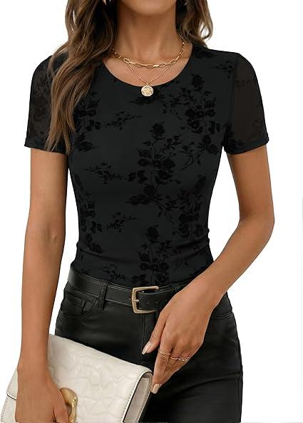 ZESICA Women's Floral Mesh Sheer Short Sleeve Tops 2026 Summer Business Casual Shirts Spring Fashion Clothes Black, S