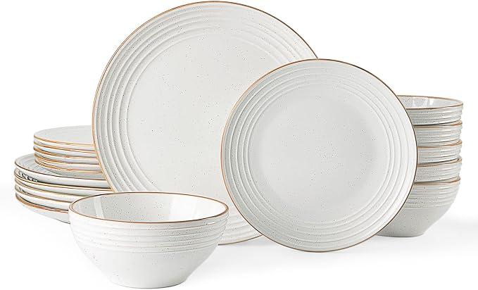 Famiware Jupiter 18-Piece Stoneware Dinnerware Sets for 6 Handcrafted Plates and Bowls with Speckles & Embossed Swirls, Chip & Scratch Resistant, Modern Rustic Dishes for Daily & Formal Use, White