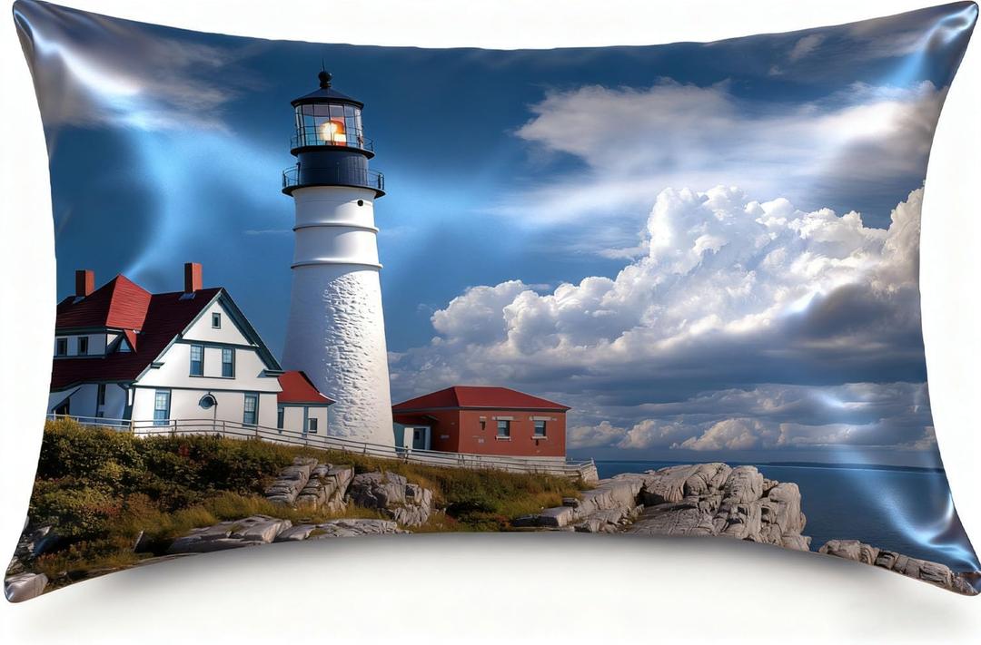 1 Pack Satin Pillowcase for Hair and Skin Lighthouse by The Sea Imitation Silk Pillowcase with Hidden Zipper Soft Breathable Pillow Cover Standard Size for Bedroom Sofa 20x26