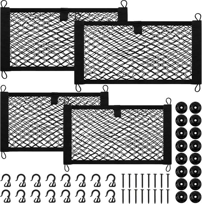 Tuanse 4 Pcs Stretchable Small Cargo Net Pocket Storage Mesh Elastic Automotive Cargo Nets with 16 Mounting Screws and Built in Hooks for Truck Car SUV Boats, 2 Sizes