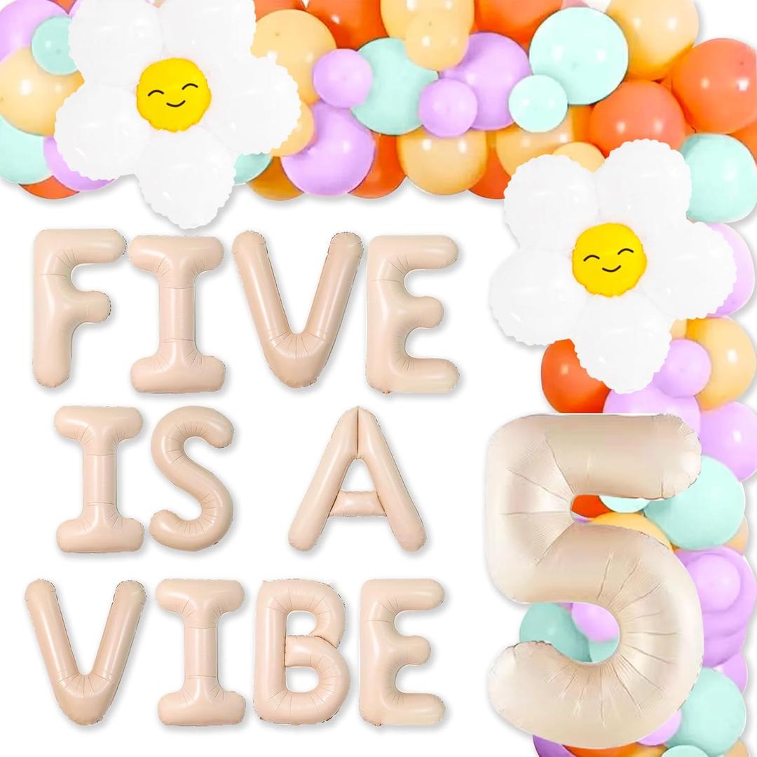 JeVenis Five is a Vibe Birthday Decorations 5th Birthday Decorations Groovy Daisy Foil Balloons for 60s 70s Five Year Retro Hippie Party Supplies Groovy Party Favors