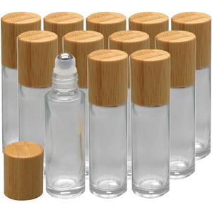 12Pcs 10ml Glass Roll On Bottle with Bamboo Lid for Essential Oils, Creatiee Eco-friendly Refillable Clear Perfume Sample Bottles with Stainless Steel Roller Ball - Portable & Practical