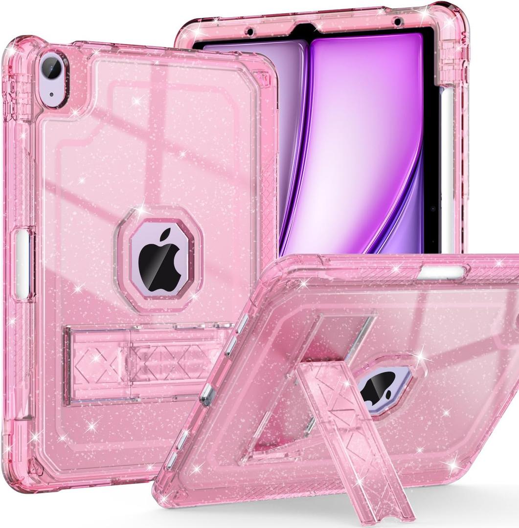 for iPad Air M3 11 Inch 7th Case 2025, for iPad Air M2 6th/5th/4th 11-inch Case 2024/2022/2020, Glitter Slim Heavy Duty Shockproof Cover with Pencil Holder Kickstand for Kids,Pink