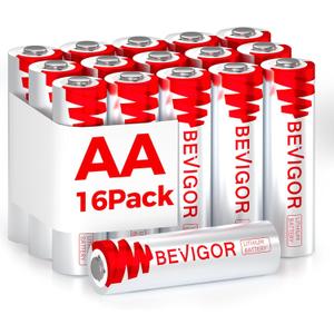 BEVIGOR Lithium Batteries AA Size 16 Pack 1.5V Longer Lasting Double A Battery for Security Alarm System, Remote Controlled Vehicle BatteriesNon-Rechargeable