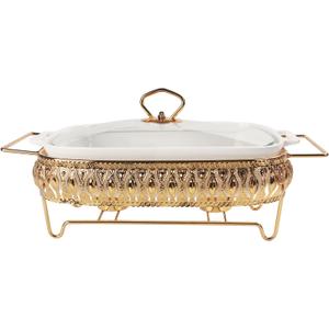 Ceramic Casserole Dish with Glass Lid and rack, 1.6 Quart Serving Soup Tureen,Chafing Dish for Buffet, Family Food Tray, Catering Casserole for Party Style,White 15.2 Inch Rectangular