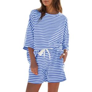 Fisoew Womens Striped 2 Piece Outfits Sweatsuits 3/4 Sleeve Oversized Tops High Waisted Shorts Casual Lounge Sets (Blue, Large)