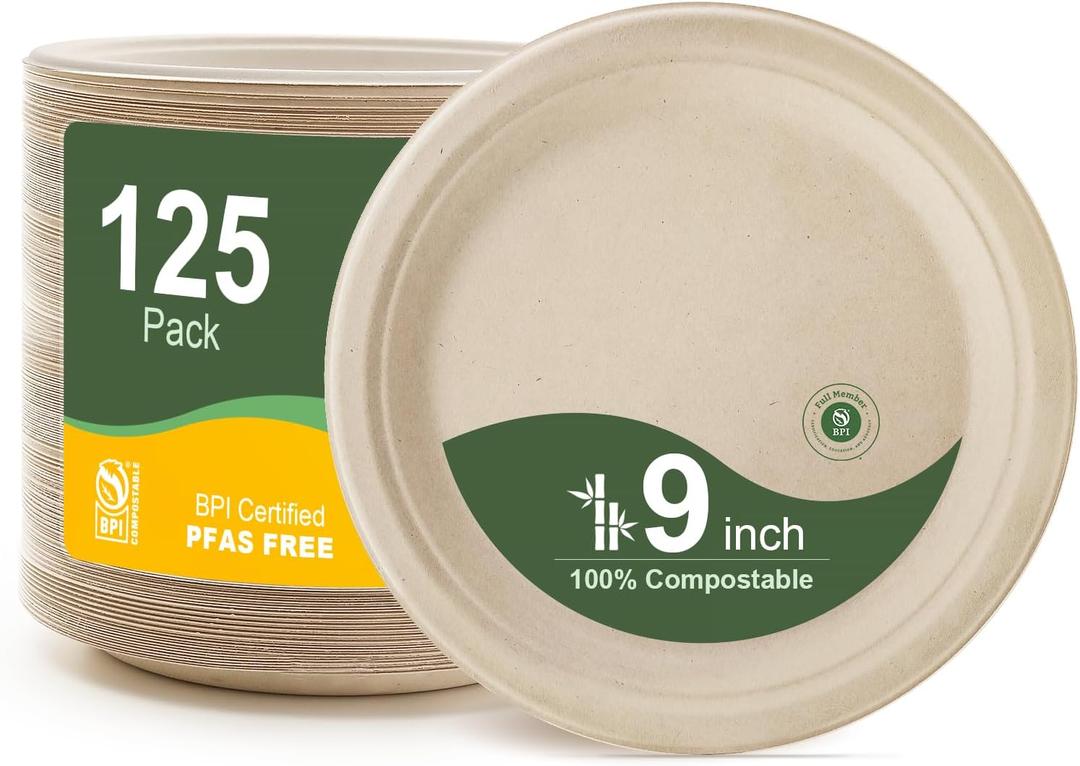 WELLIFE 100% Compostable Paper Plates 9 Inch, 125-Pack Heavy Duty Paper Plates Bulk,Biodegradable Bagasse,Eco-Friendly Disposable Dinner Plate for BBQ,Picnic,Party (BPI Certified,Microwaveable) (Natural)