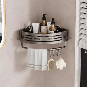 Shower Caddy Suction Cup, No Drilling Rustproof Bathroom Shower Shelf,Corner Shower Shelves with 6 Portable Hooks, Removable Bath Organizer with Towel Bar for Bathroom Hanging Storage(Gray) (Triangle storage rack with pole)