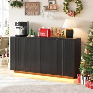 63'' Buffet Cabinet with Storage, Coffee Bar with 4 Doors & 2 Adjustable Shelves, Modern Sideboard Table with 3 Color LED Light for Kitchen (Black)