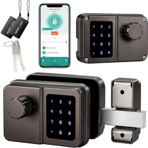 SEPOX Smart Gate Lock, Outdoor Gate Lock for Fence & Garage Door, Electronic Keyless Gate Lock IC Card, Passcode & Mechanical Key, Waterproof Rim Lock for Outdoor Garden Yard (Grey, Dual Screen)
