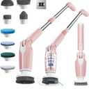 Leebein Electric Spin Scrubber, Shower Scrubber with 4 Adjustable Angles and 8 Brush Heads, Electric Scrubber with Long Handle & Remote Controller, Cleaning Brush for Bathroom, Tub, Floor (Pink)