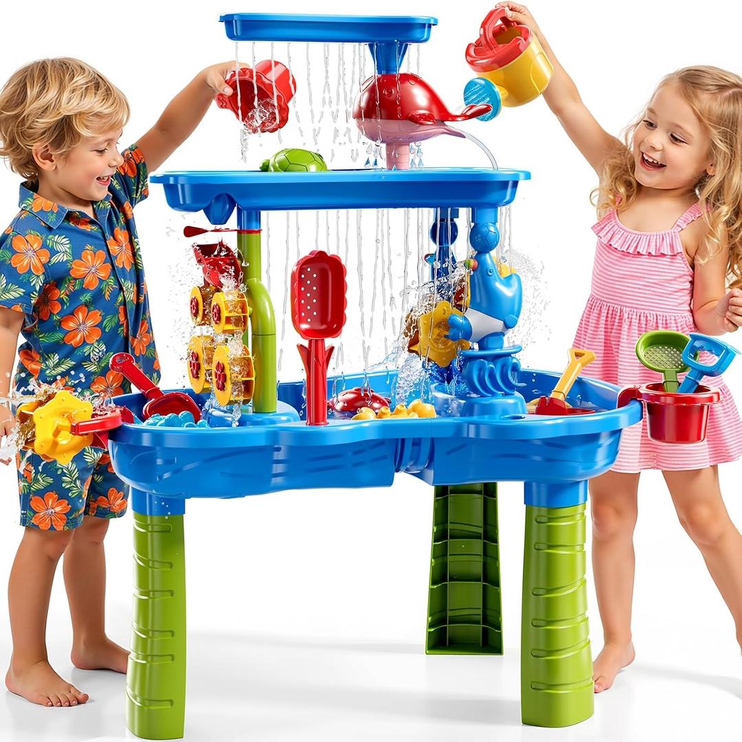 Water Table for Toddlers 3-5, 3-Tier Kids Sand Water Table, Water and Sand Activity Sensory Table Beach Outdoor Backyard Toys for Kids Toddlers Age 3+ Boys Girls