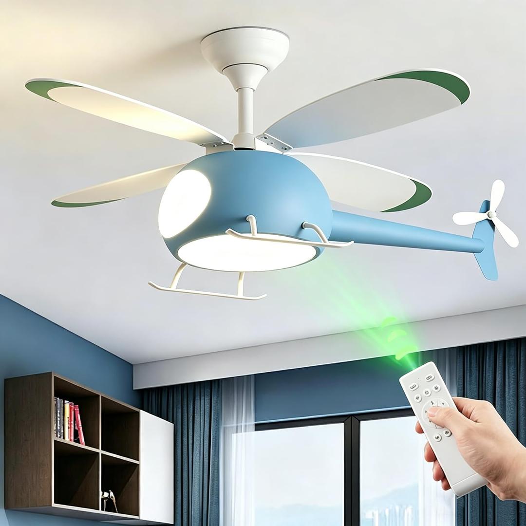 42 inch Children's Bedroom Helicopter Model Ceiling Fan with Lights,Remote Control Speed,6-Speed Adjustment,Control Timing,Winter& Summer Positive & Negative, Blue