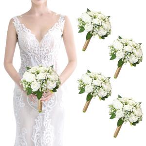 Set of 4 Bridesmaid Bouquet White Wedding Flowers Bouquets - Artificial Rose and Baby's Breath Rustic Small Floral Bouquet for Bridesmaid Fake Sage Green Boho 7 inch Wedding Decor