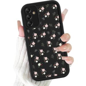 Cute Flower Case for Samsung Galaxy S25 5G 6.8'', Pink Flowers Floral Pattern Print Design Funda Aesthetic Slim Soft TPU Silicone Shockproof Full Camera Protective Cover for Women Girl - Black