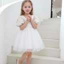 KARETT Summer Toddler Girl Dresses Tutu A Line Puffy Short Sleeve Casual Flower Girl Dress for Birthday Party 1-7Y (L)