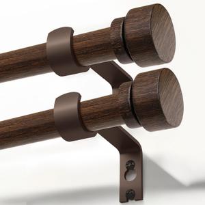 2 Pack Deep Walnut Wood Curtain Rods for Windows 48 to 84 Inches 1" Diameter Heavy Duty Window Curtain Rod Adjustable with Handmade Wood Grain Design for Living Room Bedroom Kitchen Farmhouse Outdoor