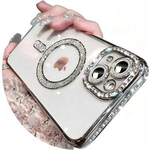 Magnetic Glitter Diamond for iPhone 14 Pro Max Case[Compatible with MagSafe]Sparkle Rhinestone Camera Lens Protector Plated,Crtstal Clear Slim Military Drop Shockproof Cover for Women,Silver