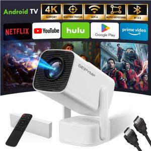Mini Projector 2025 Upgraded with 4K & 1080P, Portable Video Projector for Bedroom & Outdoor , Android 13 with WiFi 6 & Bluetooth 5.2, Built-in Netflix, Compatible with iPhone/TV Stick (white)