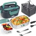 Electric Lunch Box Food Heater, 80W Portable Warmer for Car Truck Work with 304 Stainless Steel Container, 12V/24V/110V Green Heated Lunch Box Suitable for Ideal Driver/Work/Gift (1.5L Regular)