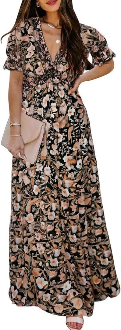 BLENCOT Womens Casual Boho Floral Printed V Neck Short Sleeve Long Evening Dress Ruched Cocktail Party Maxi Wedding Dress (Large, Black 102)